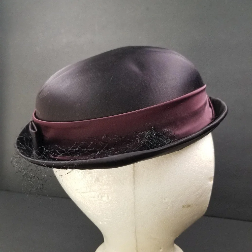 Vintage Karen‎ Lynn Exclusive Satin Pillbox Hat Purple Black Birdcage Veil Bow